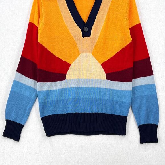 VINTAGE 70s Rainbow Sweater Mens Long Sleeve Polo California Dreamin COLLEGE MAN - Picture 5 of 16
